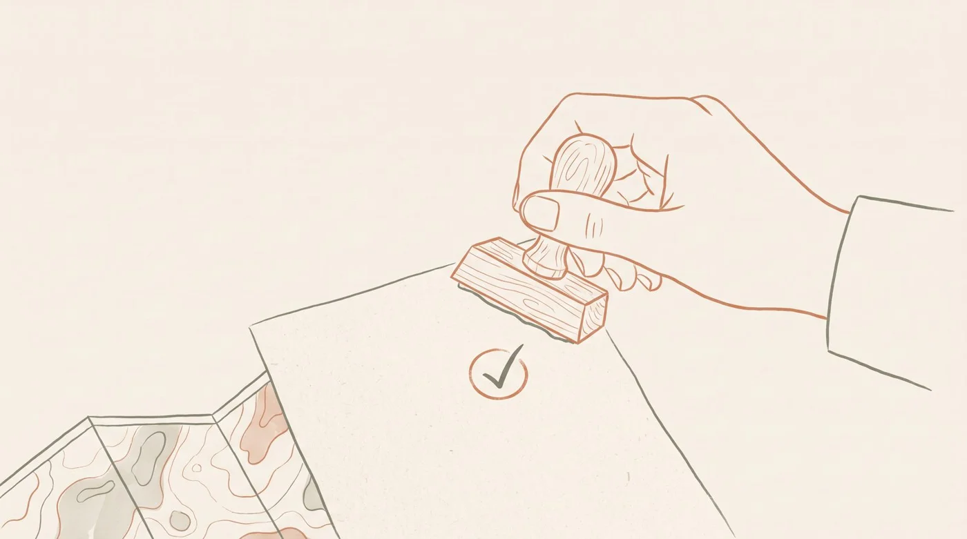Line illustration of a hand stamping a check mark beside a map