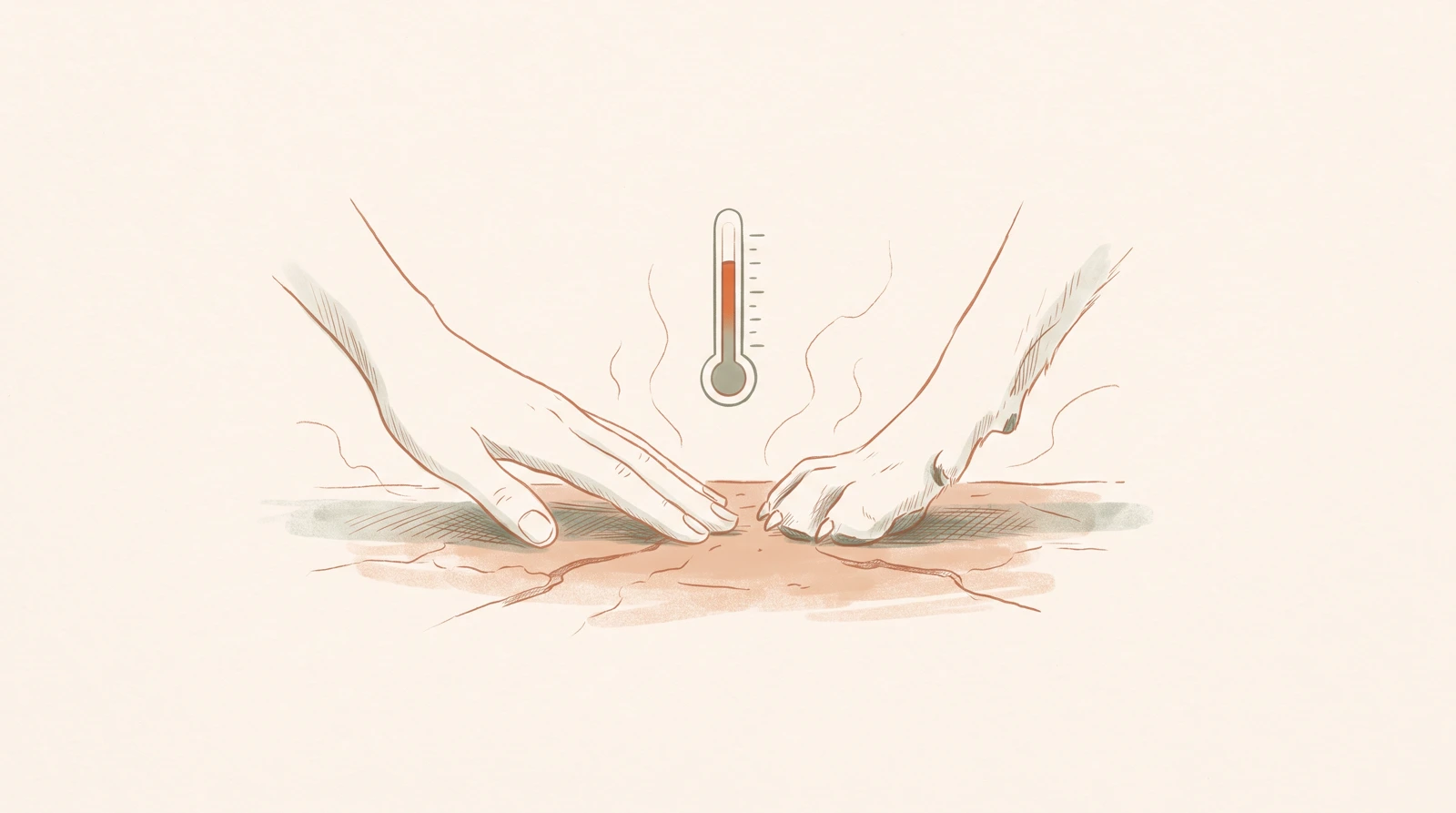 Illustration of a hand, a dog’s paw, and a thermometer beside warm pavement
