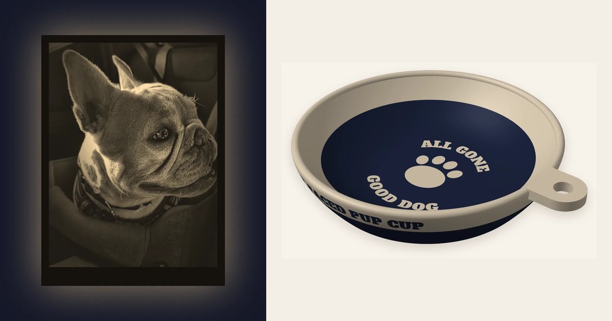 Previews of the two products side by side: a lithophane of Doug the French bulldog glowing warm against a dark background, and the navy and beige flat-faced pup cup.