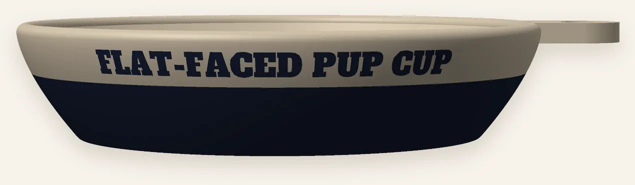 3D preview of the pup cup from the side: navy lower half, beige upper band with Flat-faced pup cup in navy letters, and the hang tab at the rim.