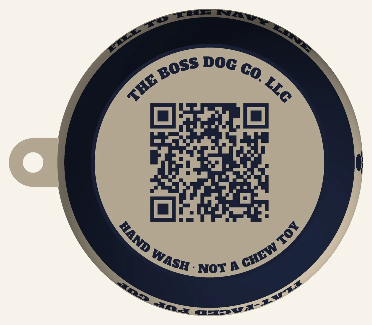 3D preview of the bottom of the pup cup: The Boss Dog Co. LLC around the top, a QR code in the middle, and Hand wash, not a chew toy around the bottom.
